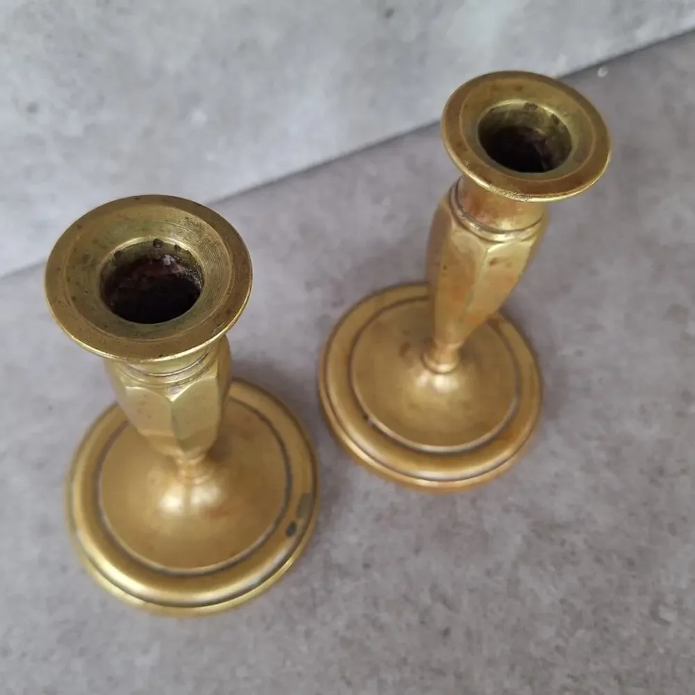 Vintage set of 2 solid brass skinny candle stick holders rustic farm house decor